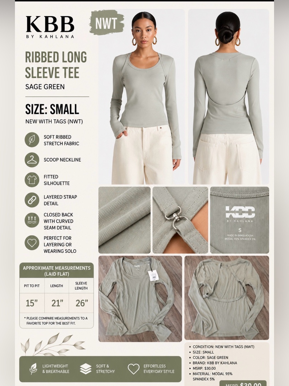 KBB by Kahlana Ribbed Long Sleeve Top Sage Green Layered Strap NWT small